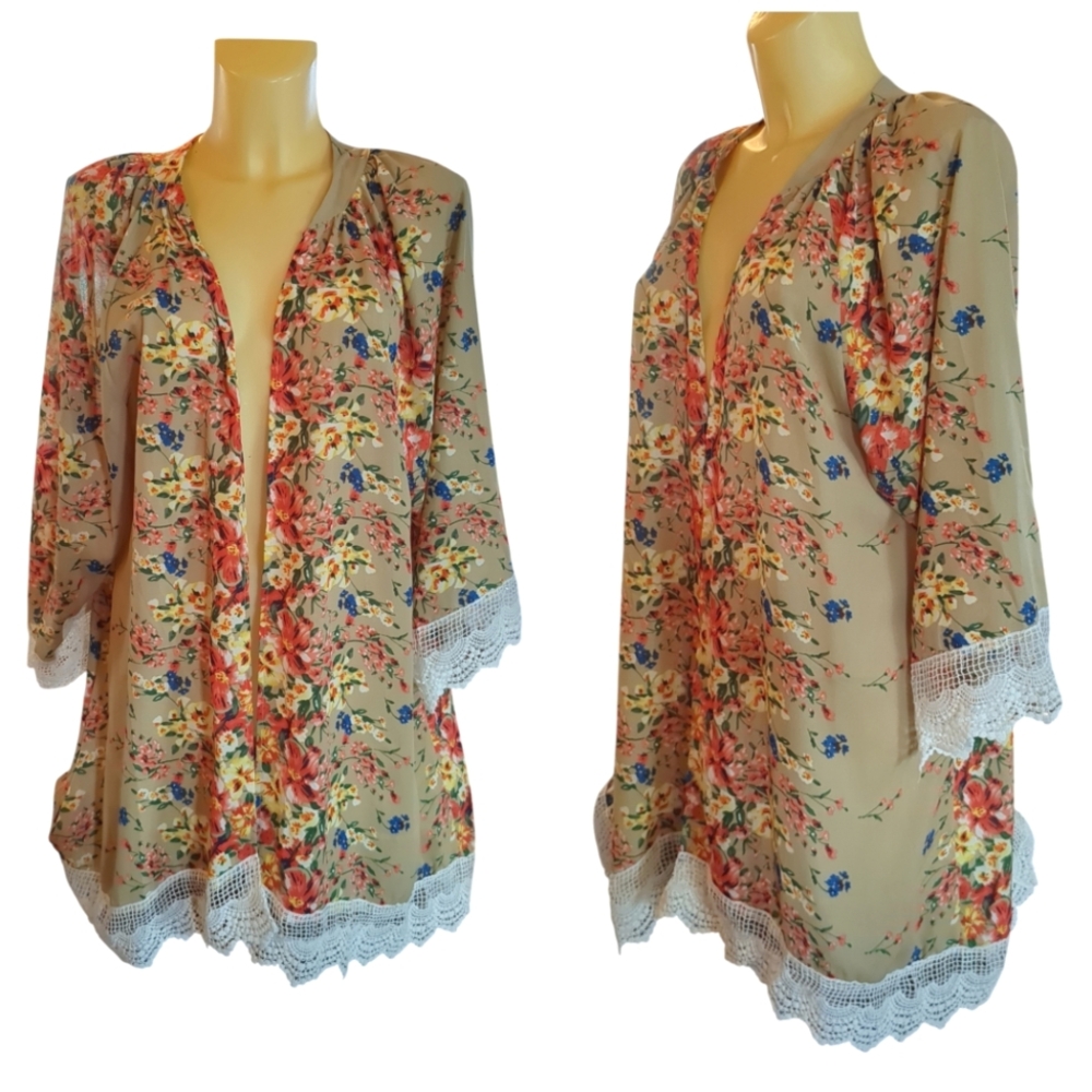🌹3/15🌹RELIPOP Tan Orange Yellow Pink Blue Floral Semi Sheer Cardigan